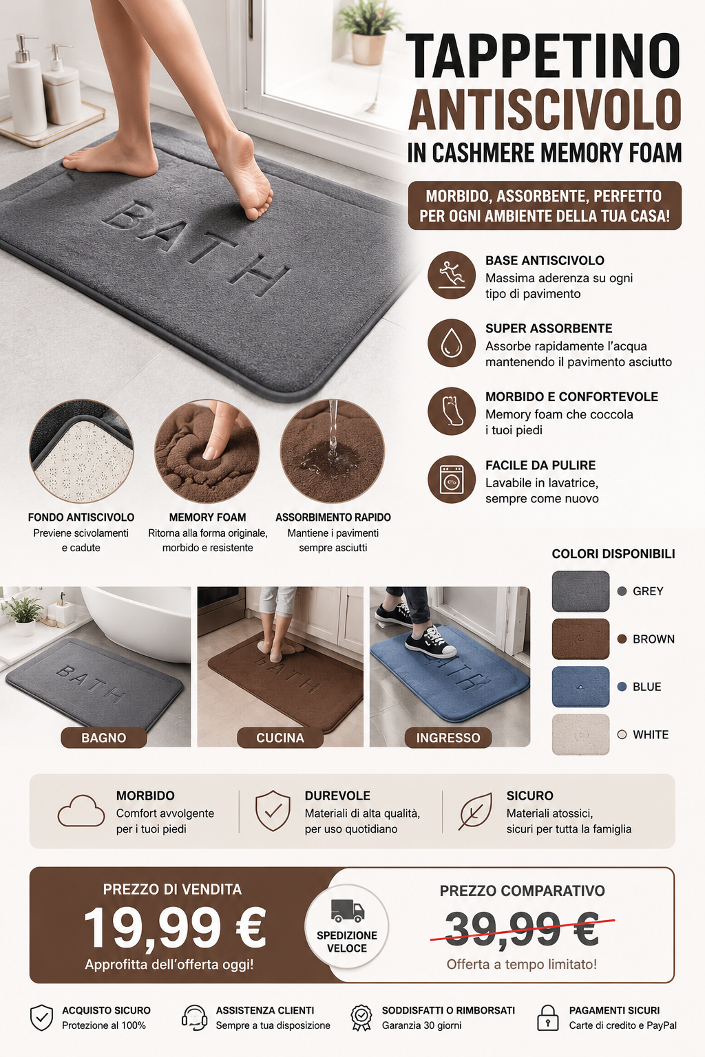 Anti-slip mat, faux cashmere, memory foam, coral fleece rug, super absorbent mat for kitchen, living room, bathroom