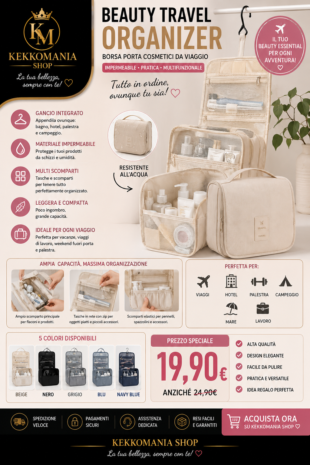 Beauty Travel Organizer – Borsa Porta Cosmetici da Viaggio Impermeabile