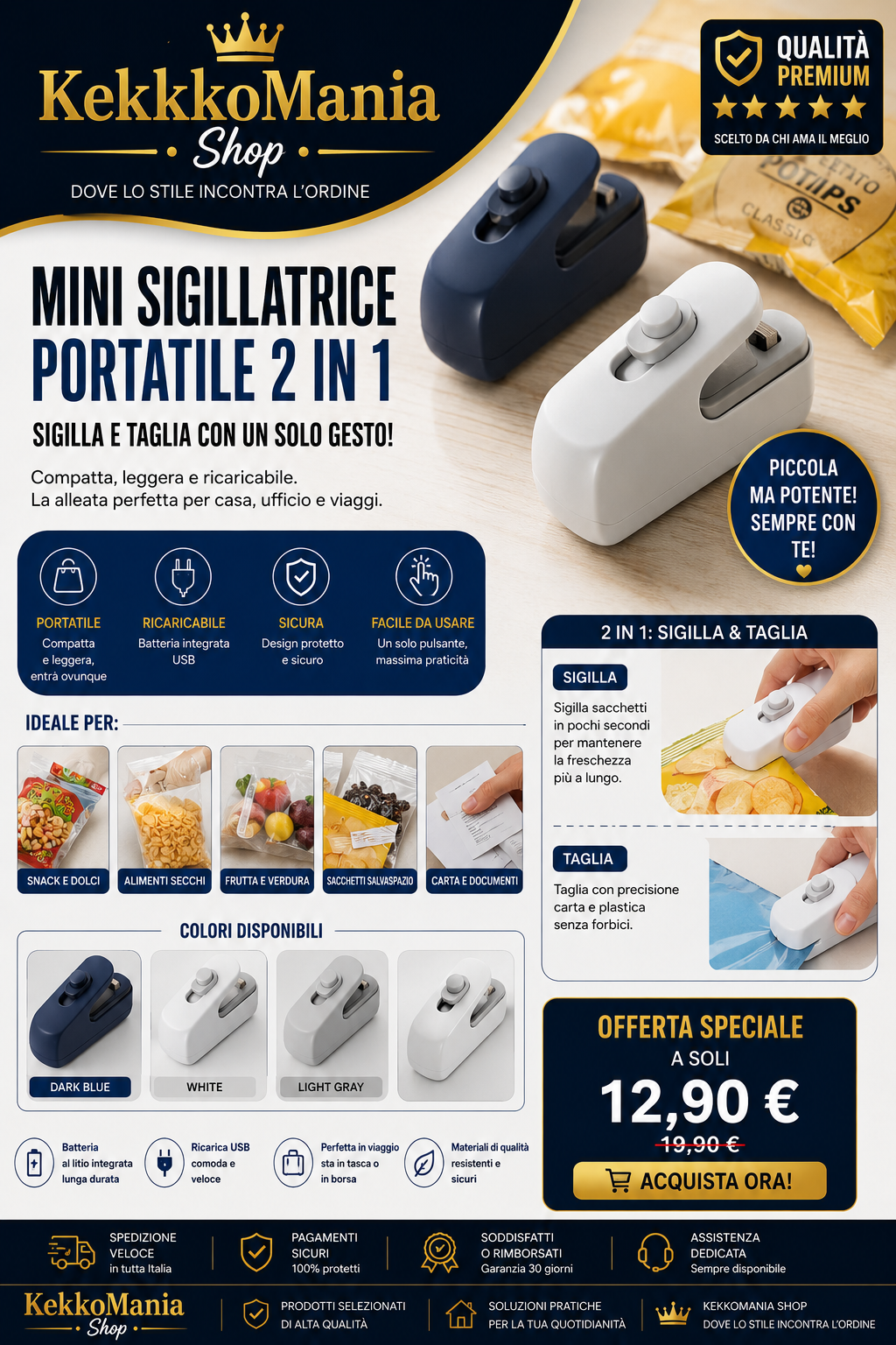 USB Rechargeable Mini Bag Sealer – Portable Heat Sealer for Food with Built-in Cutter