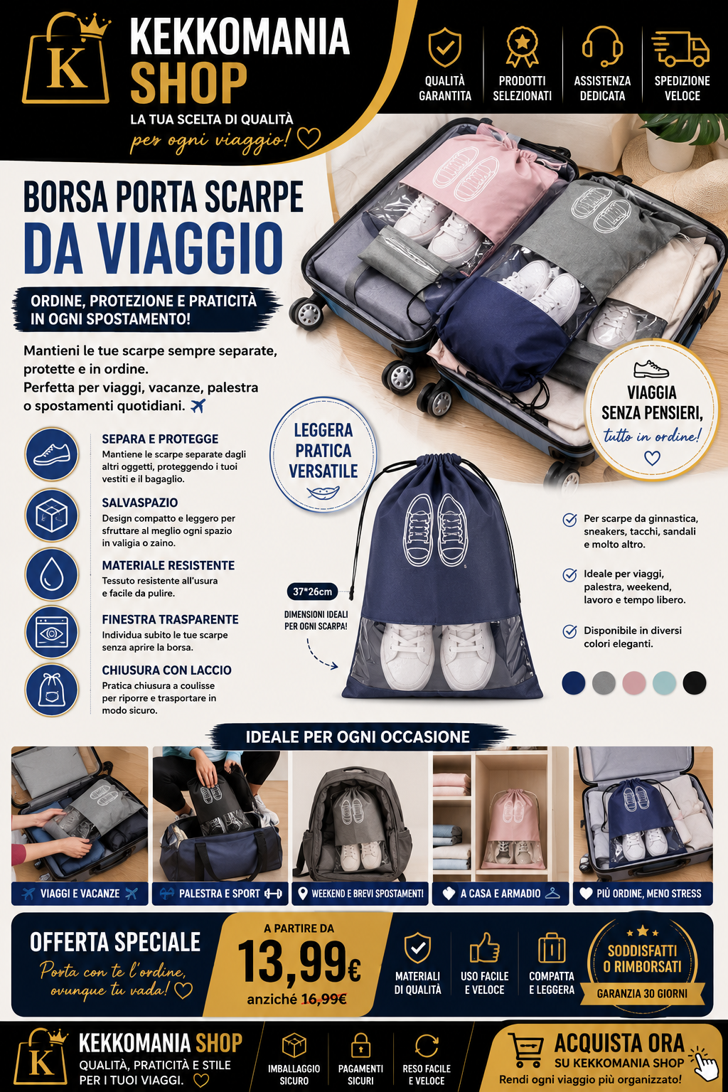 KEKKOMANIA SHOP – Borsa Porta Scarpe da Viaggio Organizer Salvaspazio