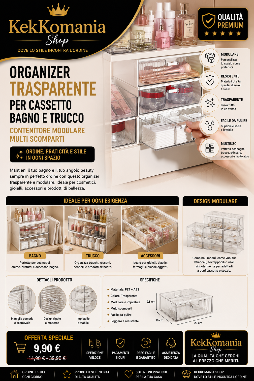 Clear Bathroom and Makeup Drawer Organizer - Modular Multi-Compartment Container