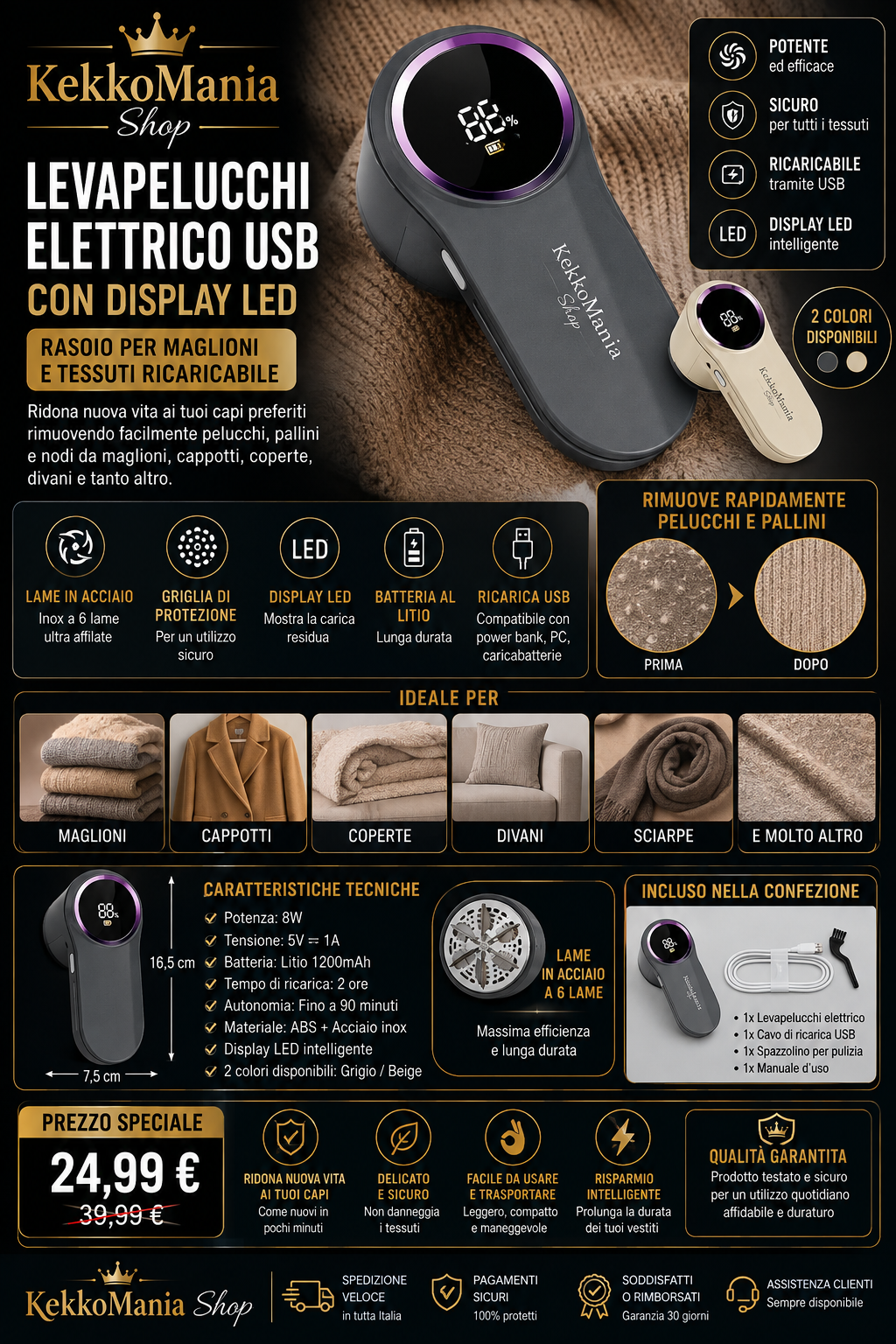 Levapelucchi Elettrico USB con Display LED – Rasoio per Maglioni e Tessuti Ricaricabile