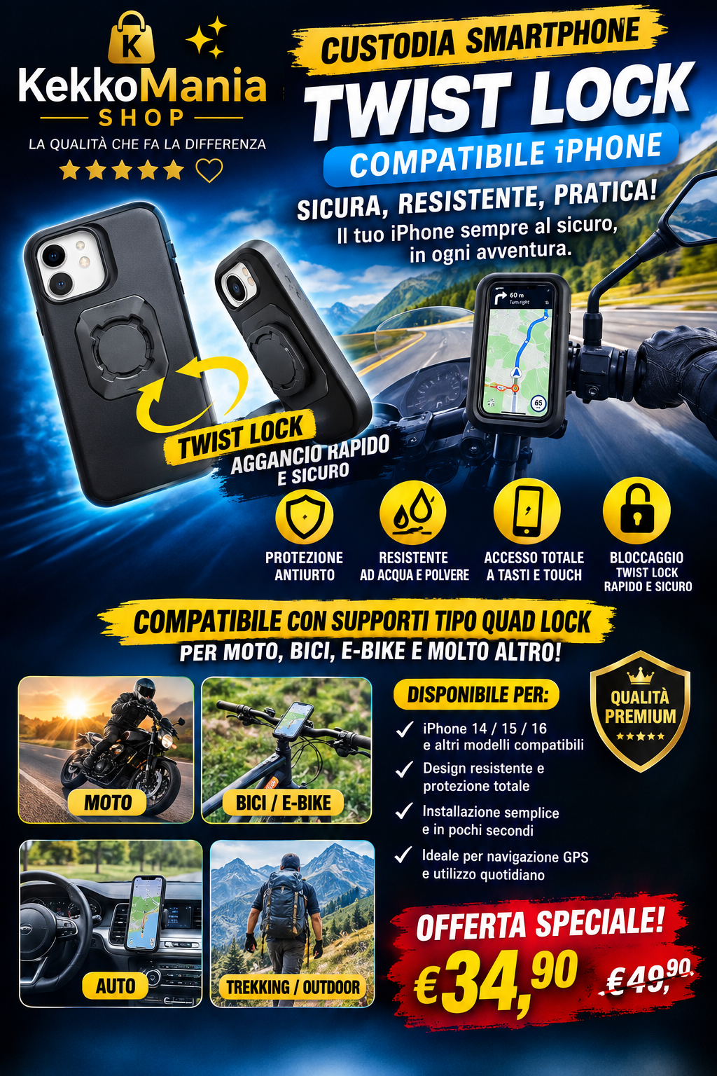 Custodia Smartphone con Sistema Twist Lock per Moto e Bicicletta – Compatibile con Supporti Quad Lock