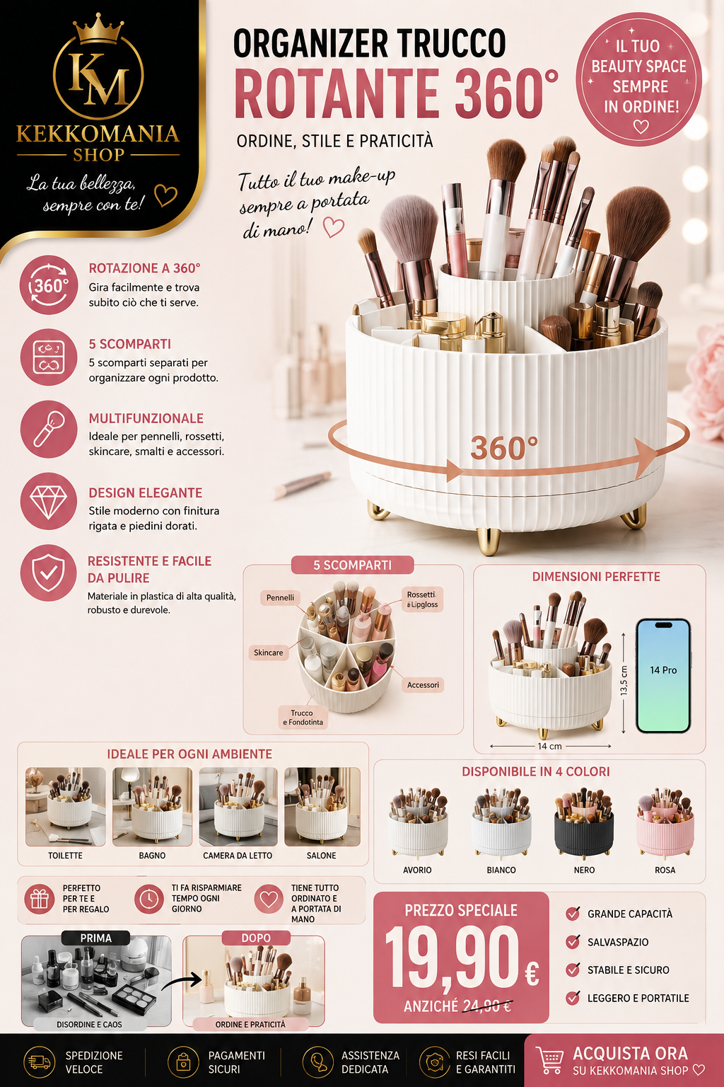 Organizer Trucchi Rotante a 360° – Porta Cosmetici e Pennelli -