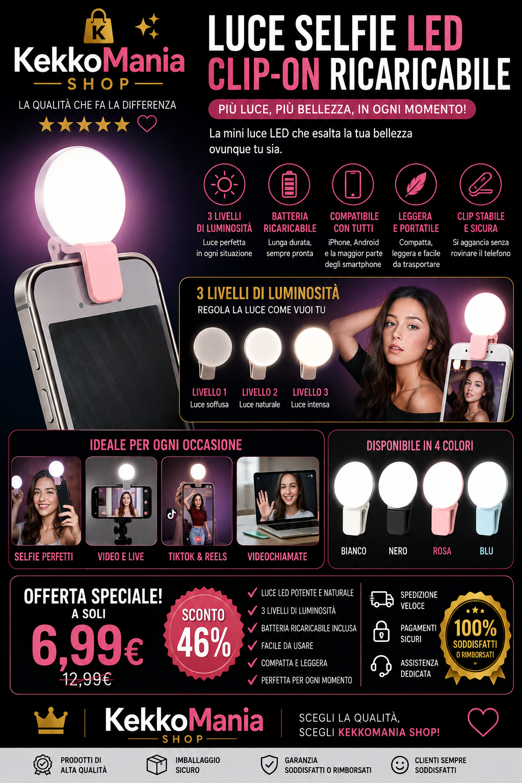 Rechargeable Clip-On LED Selfie Light with 3 Levels for Smartphone – Portable Ring Light