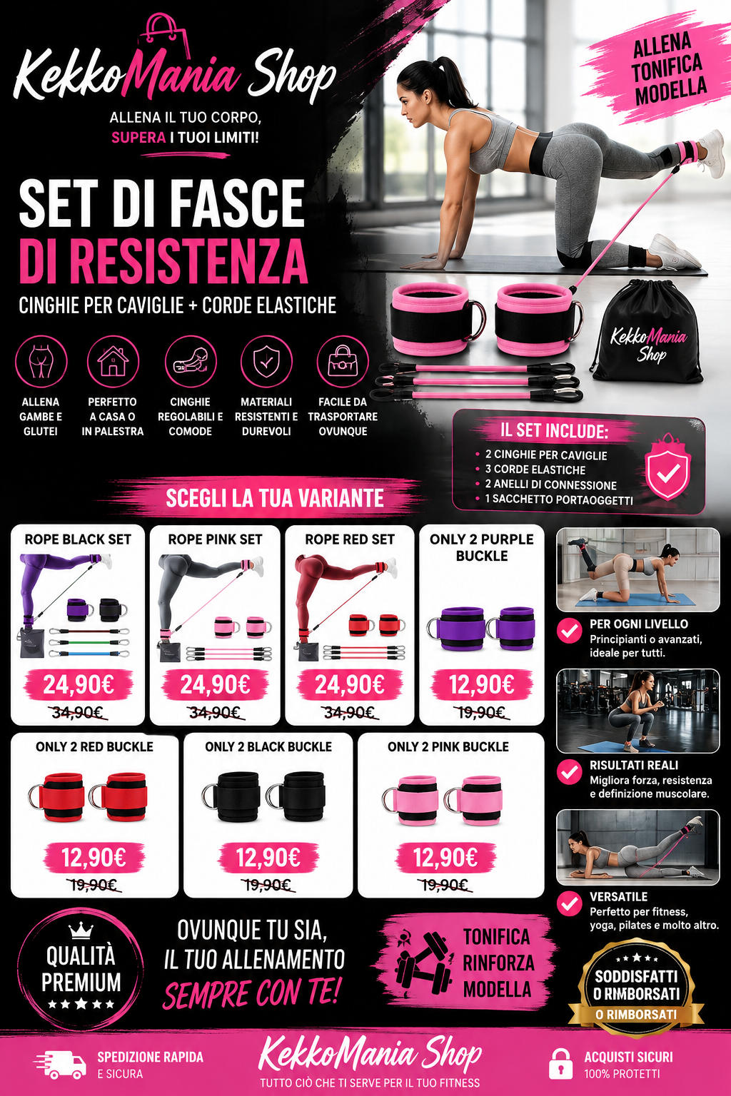 KekkoMania Shop – Set di Fasce di Resistenza per Caviglie con Cinghie e Corde Elastiche