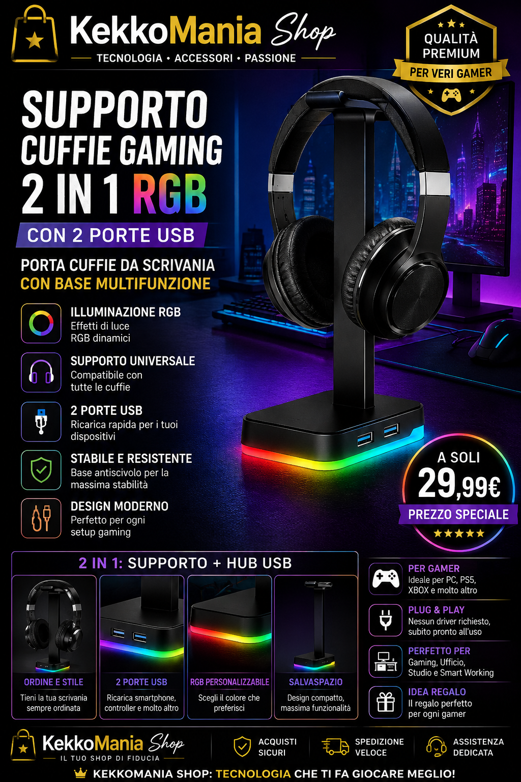 Supporto Cuffie Gaming 2 in 1 RGB con 2 USB | Porta Cuffie da Scrivania | KekkoMania Shop