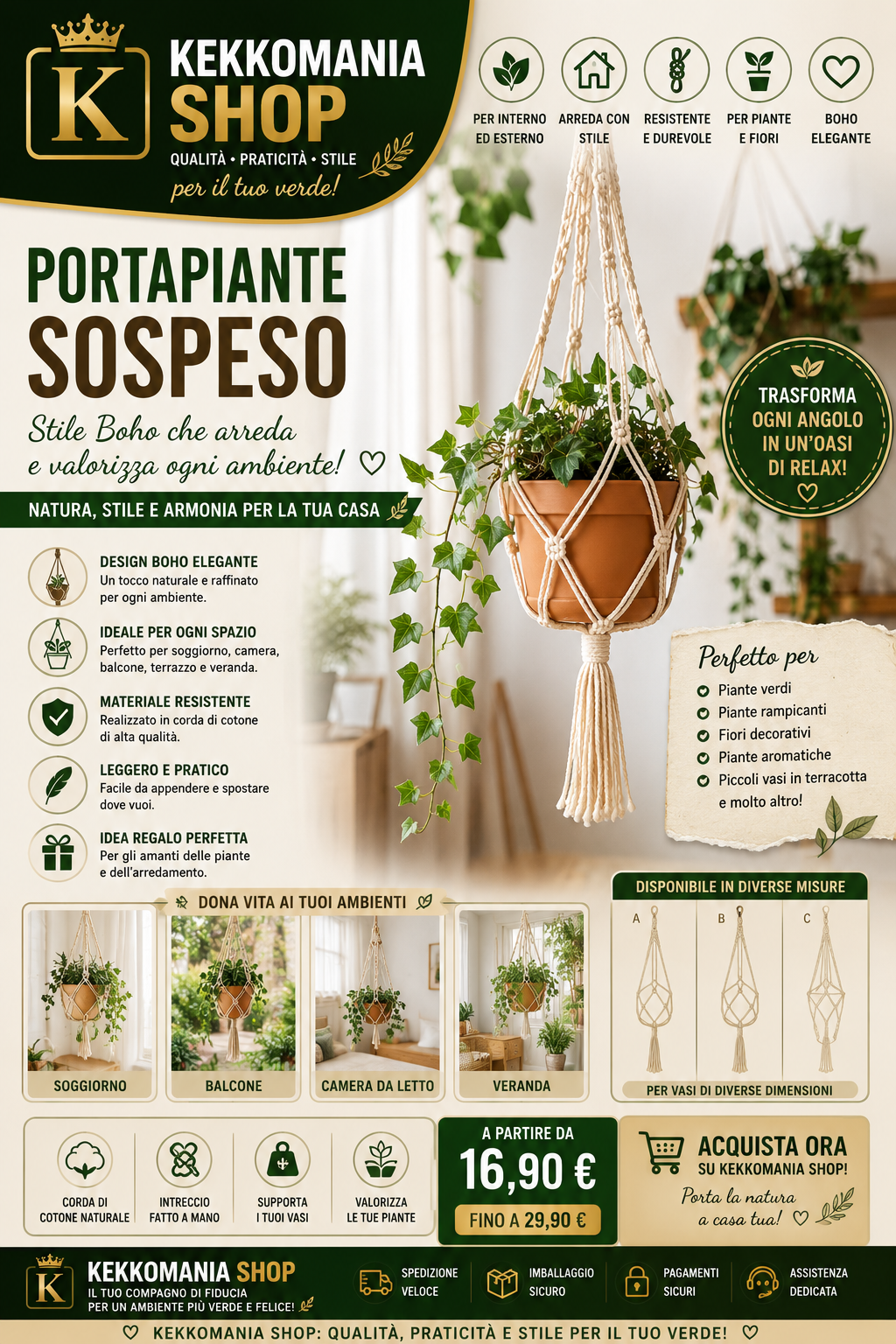 KEKKOMANIA SHOP Boho Hanging Plant Holder – Decorative Plant Stand