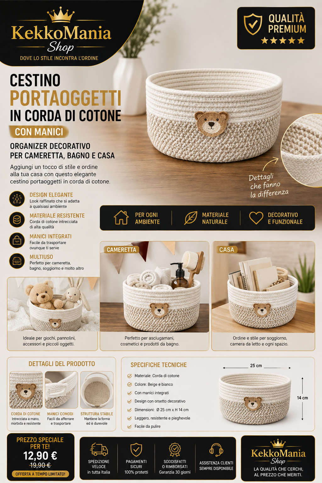 Cesto portaoggetti in corda di cotone con manici – Organizer decorativo per cameretta, bagno e casa