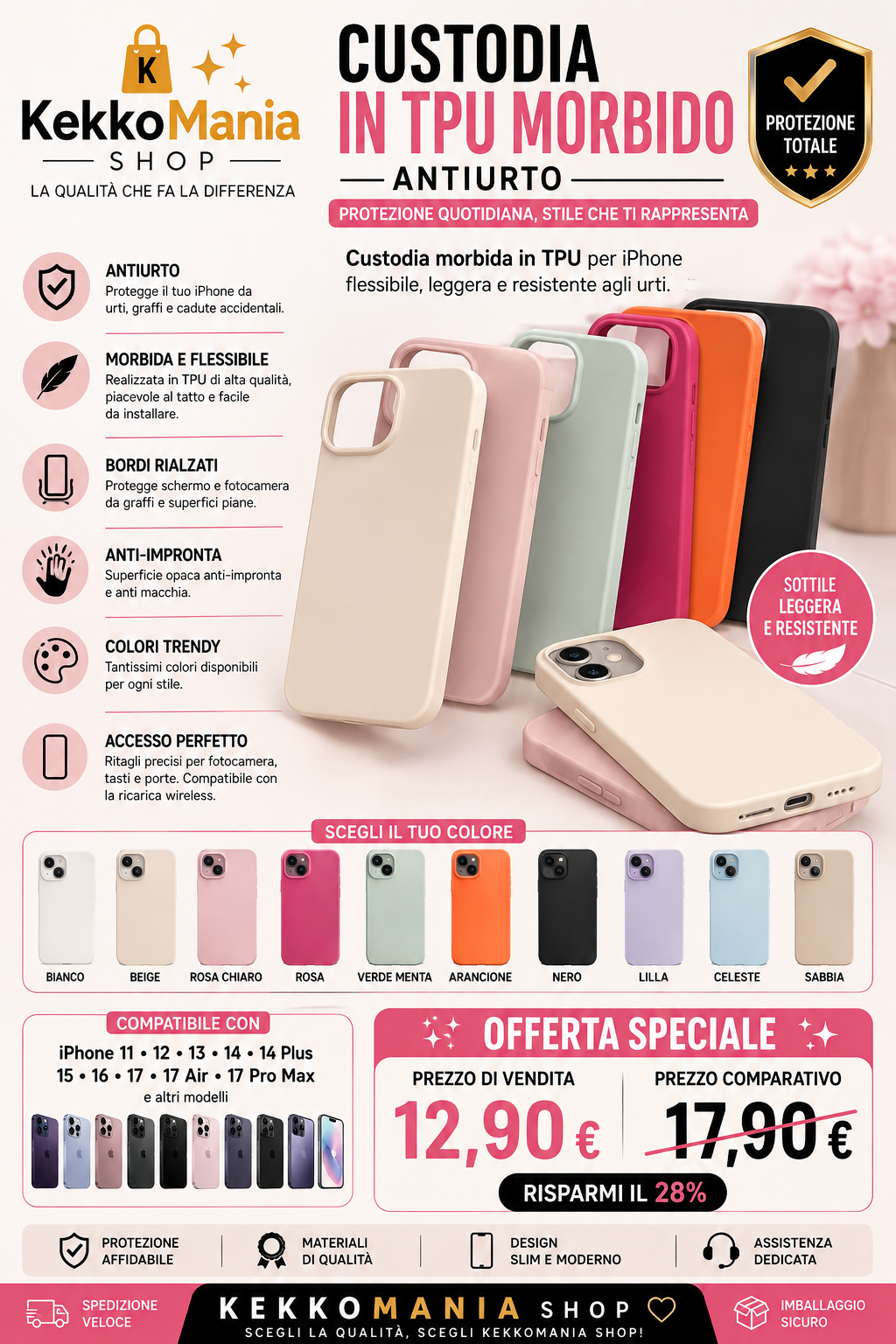 KekkoMania Shop – Custodia iPhone in TPU Morbido Antiurto | Protezione Slim e Colorata