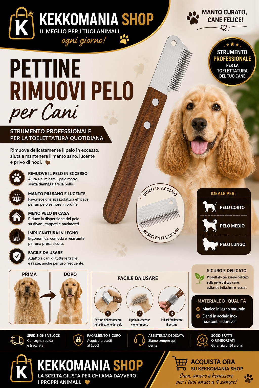 Pettine Rimuovi Pelo per Cani – Strumento Professionale per la Toelettatura | KekkoMania Shop