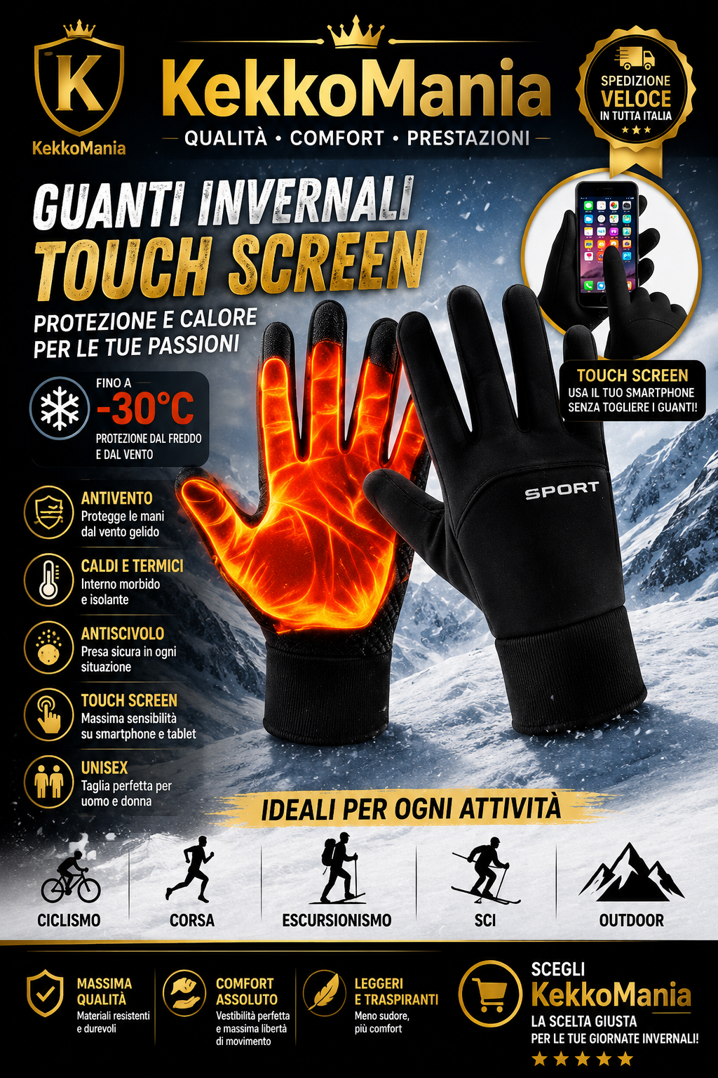 Warm Winter Gloves Touch Screen Cycling Gloves Windproof Non-Slip Cold Proof Ski Gloves for Running Hiking Outdoor Women Men