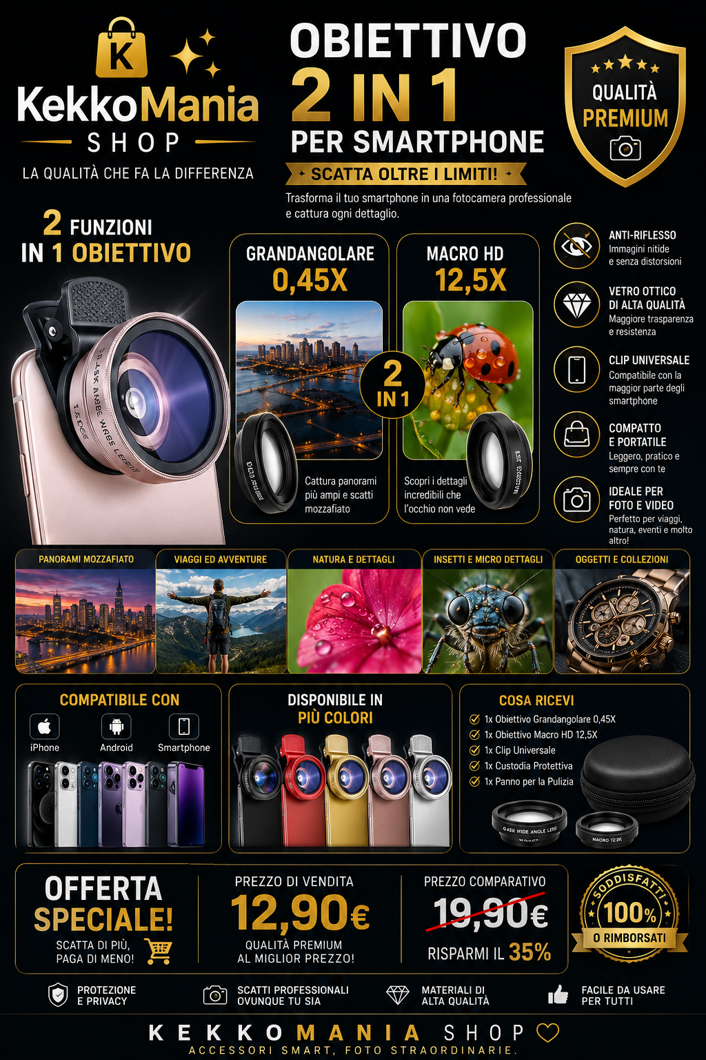 2-in-1 Universal Smartphone Lens – 0.45X Wide Angle + 12.5X HD Macro | KekkoMania Shop