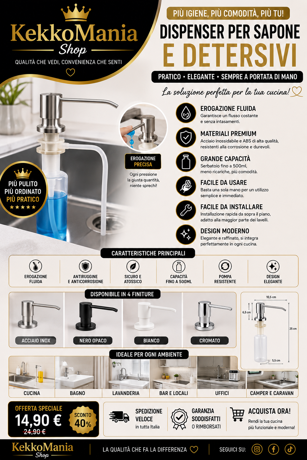 Built-in Sink Soap Dispenser with Refill Kit