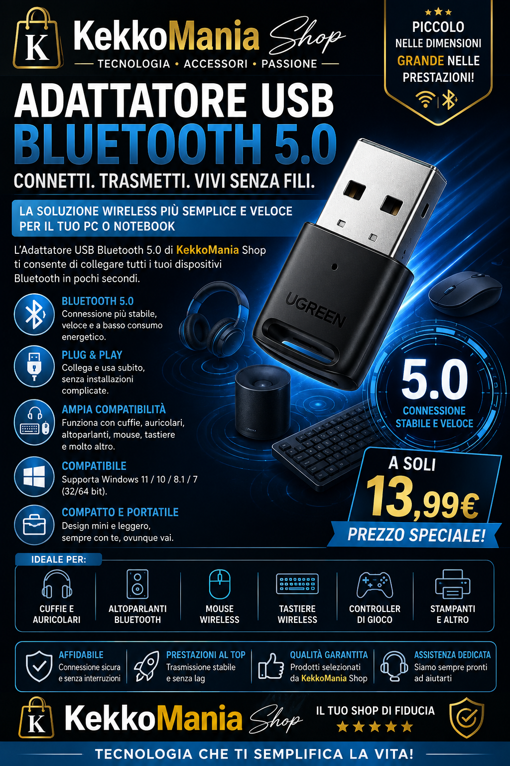 KekkoMania Shop – USB Bluetooth 5.0 Wireless Adapter for PC and Notebook
