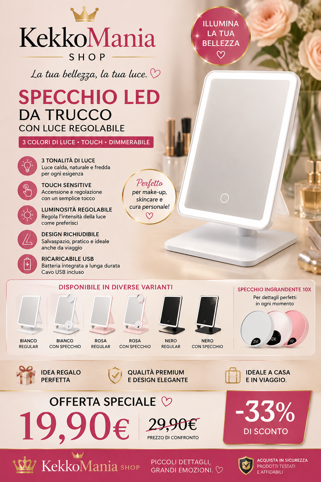 KekkoMania Shop – Specchio Trucco LED con Luce Regolabile, 3 Colori e Funzione Touch