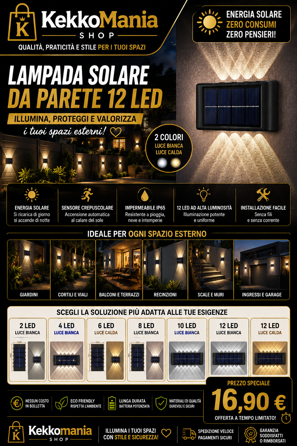 Lampada Solare da Parete 12 LED Impermeabile – Illuminazione Esterna | Kekkomania Shop