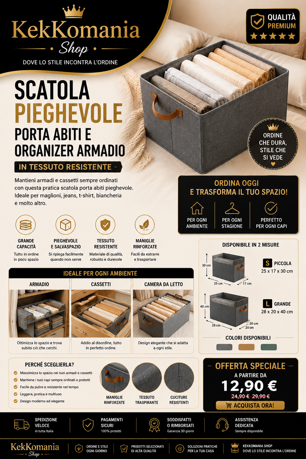 Foldable Wardrobe Storage Box and Closet Organizer in Fabric