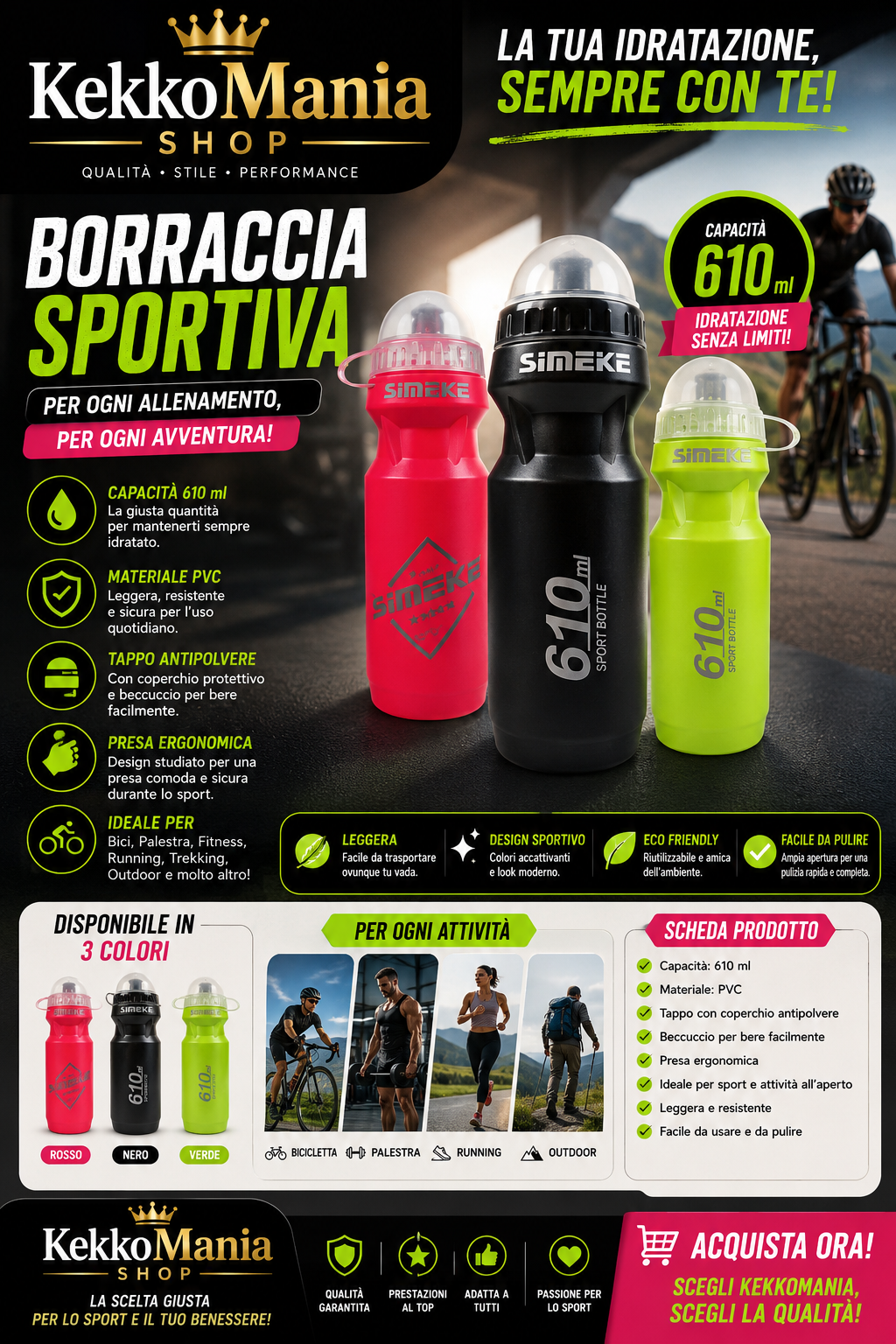 KekkoMania Sports Bottle 610 ml – Bottle for Bike, Gym and Outdoor