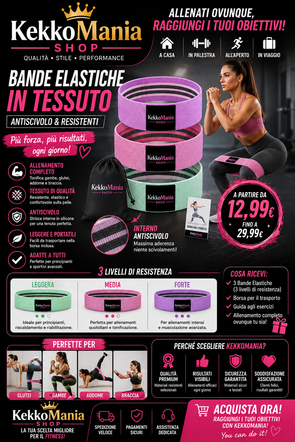 KekkoMania – Bande Elastiche Fitness in Tessuto Antiscivolo
DESCRIZIONE