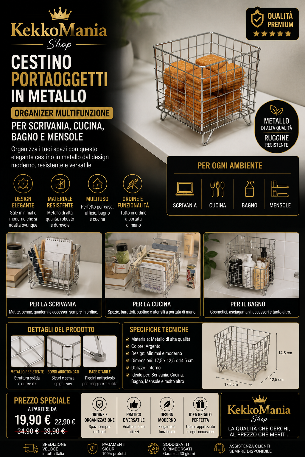 Metal Storage Basket - Multifunctional Organizer for Desk, Kitchen, Bathroom and Shelves
