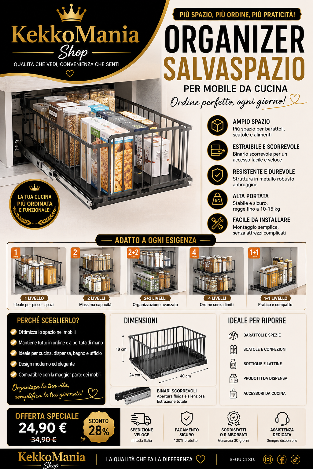 Organizer Estraibile Sottolavello – Cestello Scorrevole Salvaspazio per Cucina e Bagno