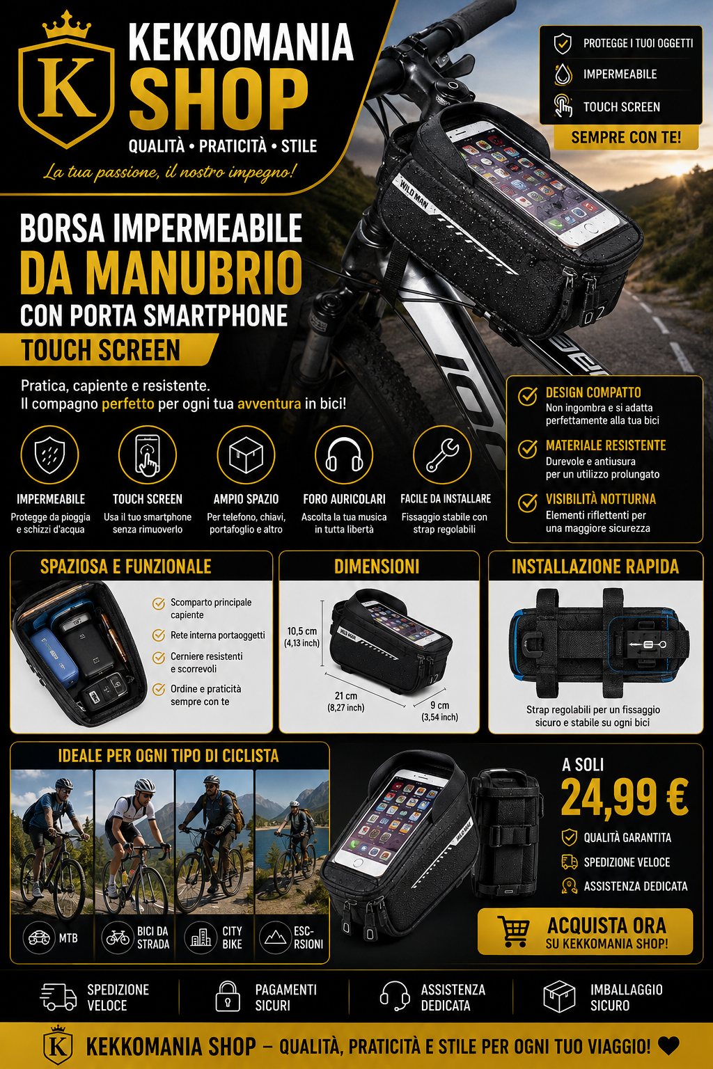KEKKOMANIA SHOP – Waterproof Handlebar Bag for Bike with Touch Screen Smartphone Holder