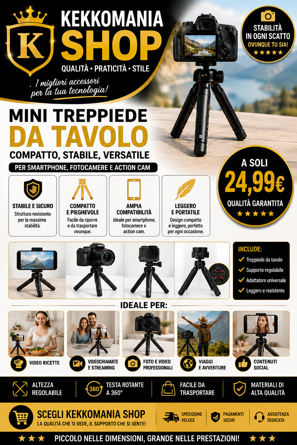 KEKKOMANIA SHOP – Mini treppiede da tavolo per smartphone e e fotocamere