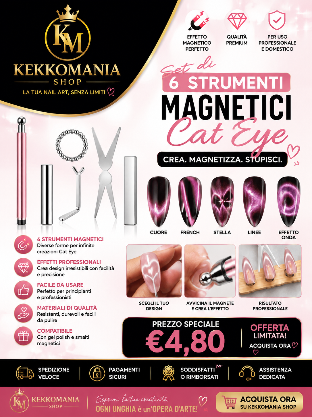 KekkoMania Shop – Set 6 Strumenti Magnetici Cat Eye per Nail Art
