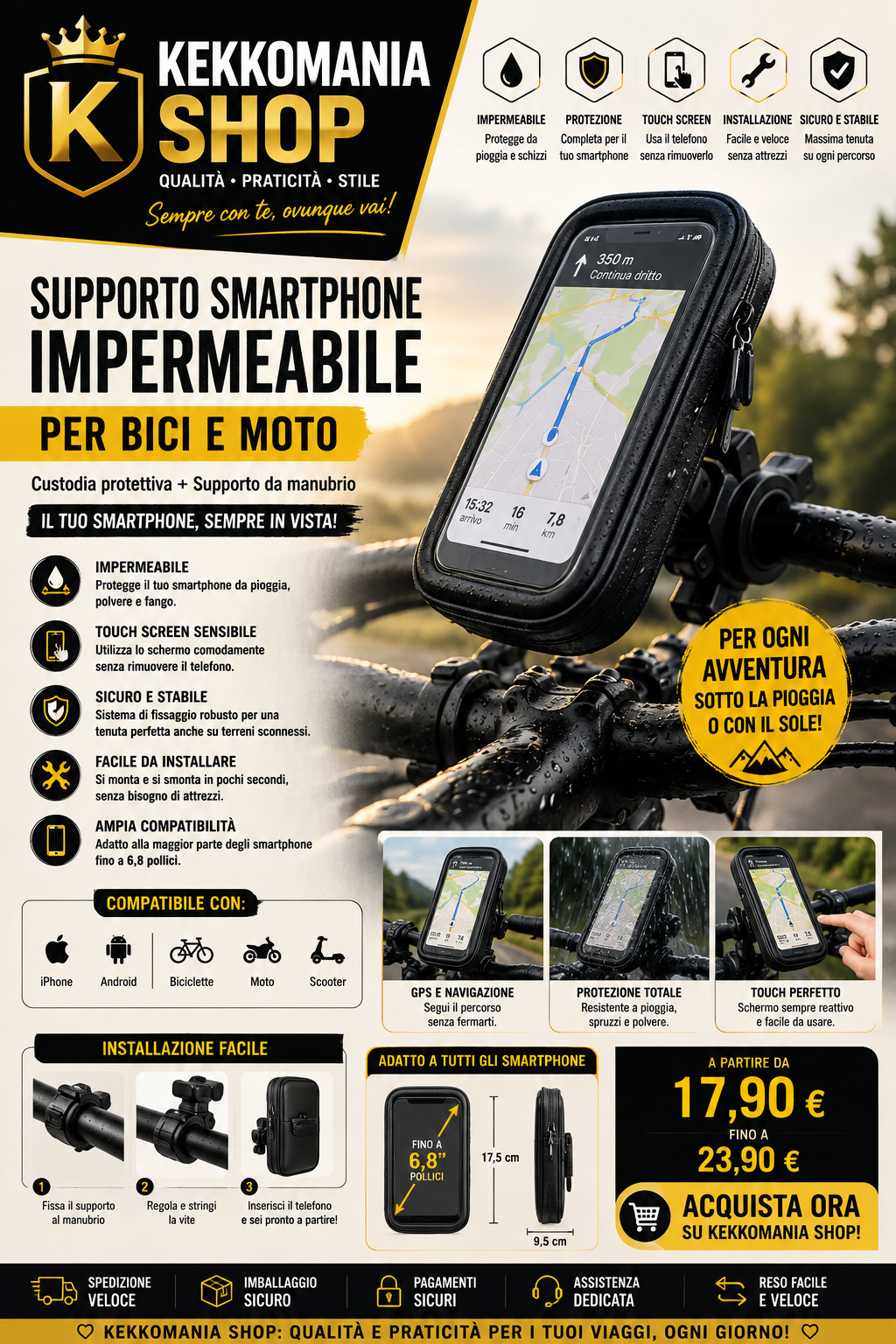 KEKKOMANIA SHOP Waterproof Smartphone Holder for Bikes and Motorcycles – Handlebar Phone Mount