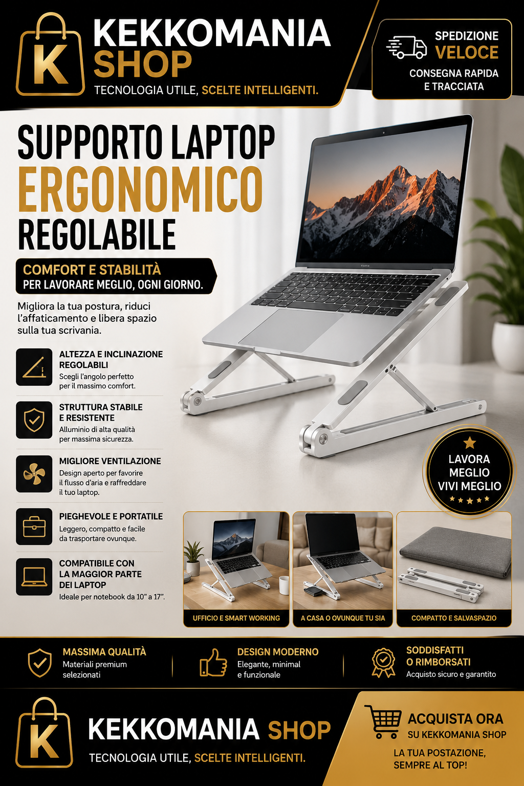 Ergonomic Adjustable Laptop Stand – Portable Aluminum Stand