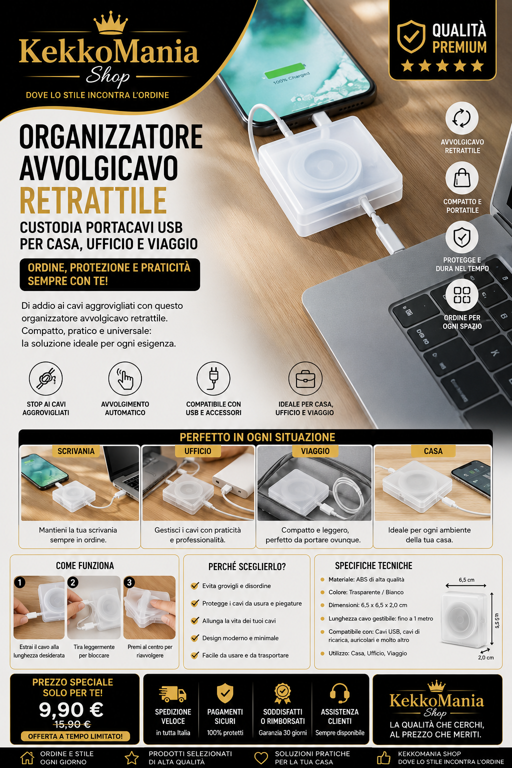 Retractable Cable Organizer – USB Cable Holder for Home, Office, and Travel