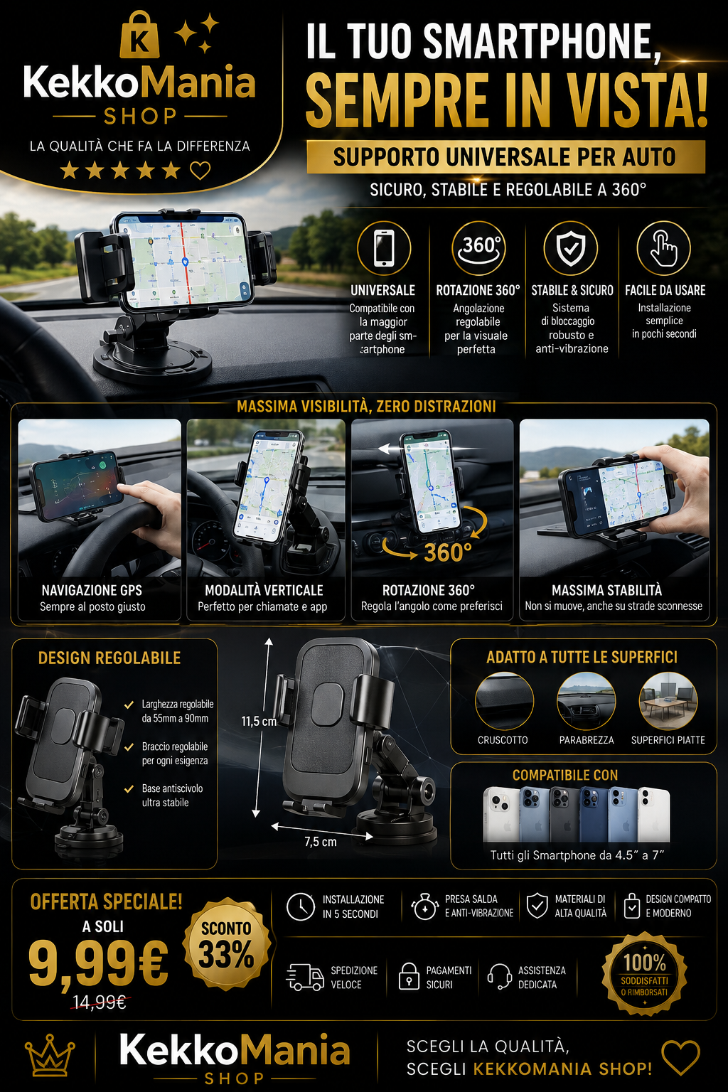 Supporto Universale per Smartphone da Auto - Rotazione 360° per Cruscotto.