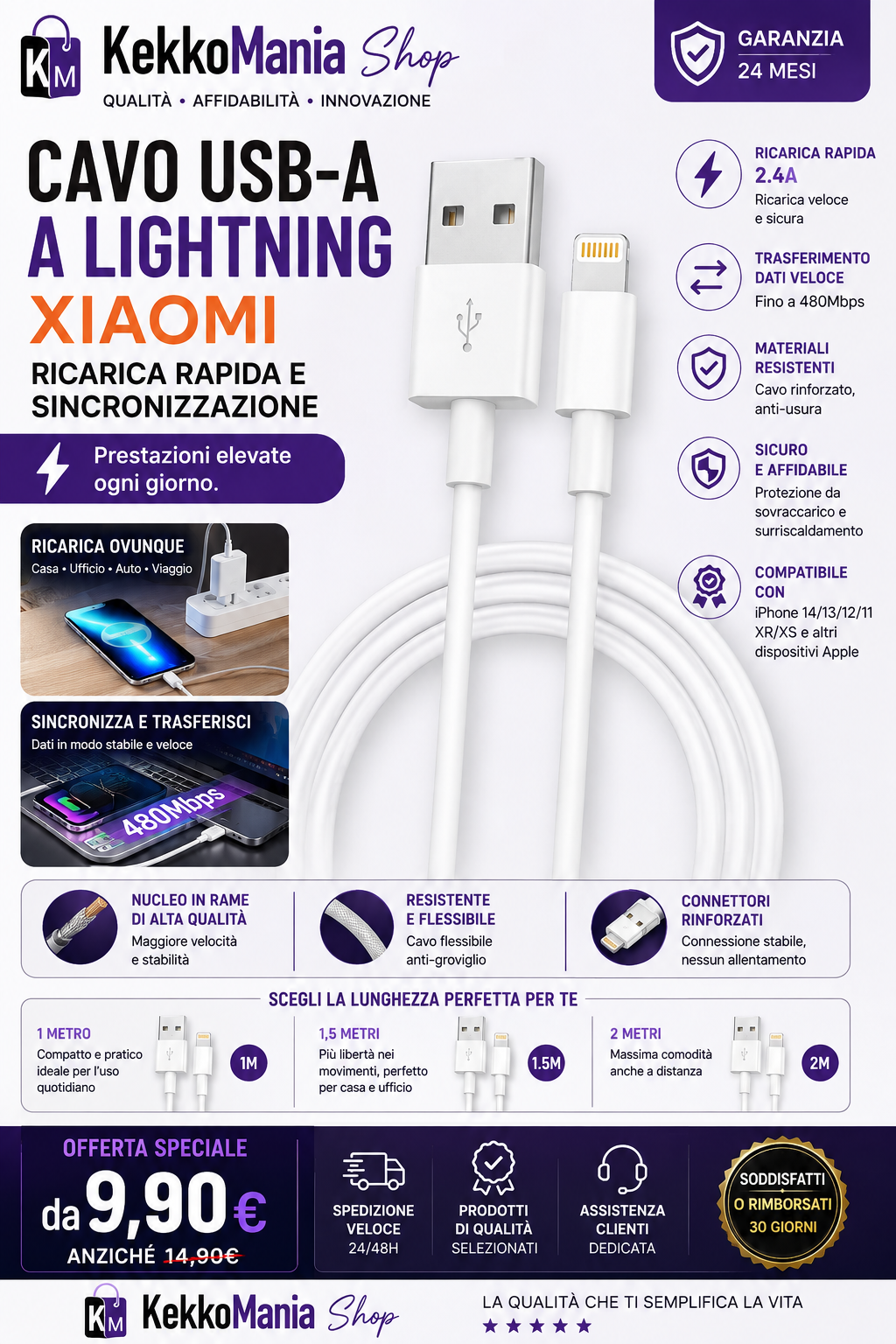 KekkoMania Shop – Cavo USB-A Lightning Xiaomi per iPhone, Ricarica Rapida