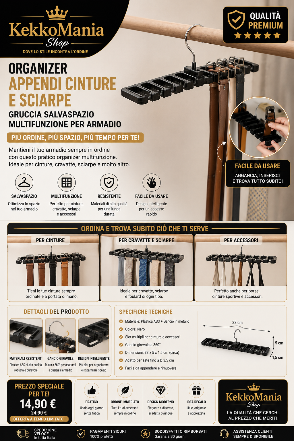 Organizer Appendi Cinture e Sciarpe – Gruccia Salvaspazio Multifunzione per Armadio