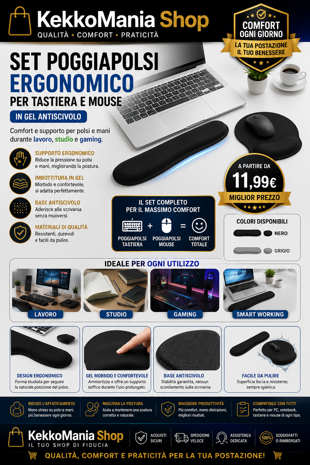Ergonomic Anti-slip Gel Keyboard and Mouse Wrist Rest Set | KekkoMania Shop