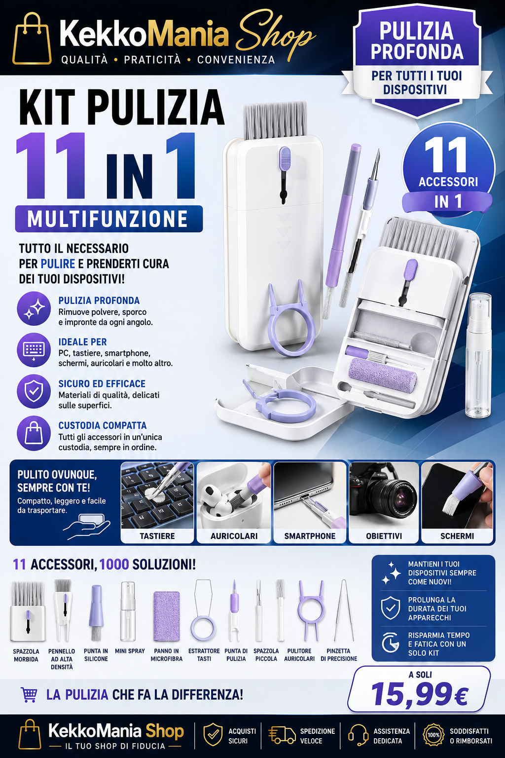 11-in-1 Cleaning Kit for PC, Keyboard, Smartphone, and Earbuds | Multifunction Kit with Case | KekkoMania Shop