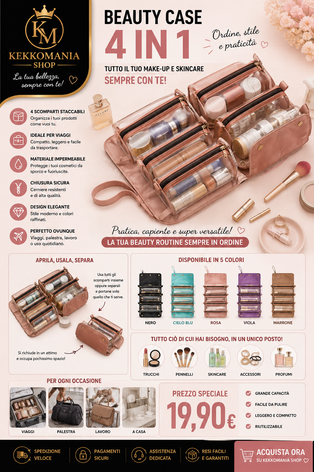 Kekkomania Shop – Beauty Case da Viaggio 4 in 1 per Cosmetici