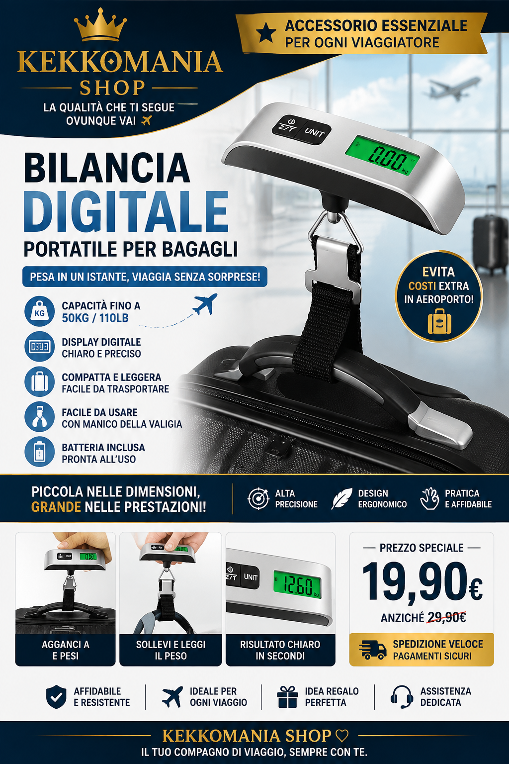KEKKOMANIA SHOP™ – Bilancia Digitale Portatile per Bagagli 50 kg
