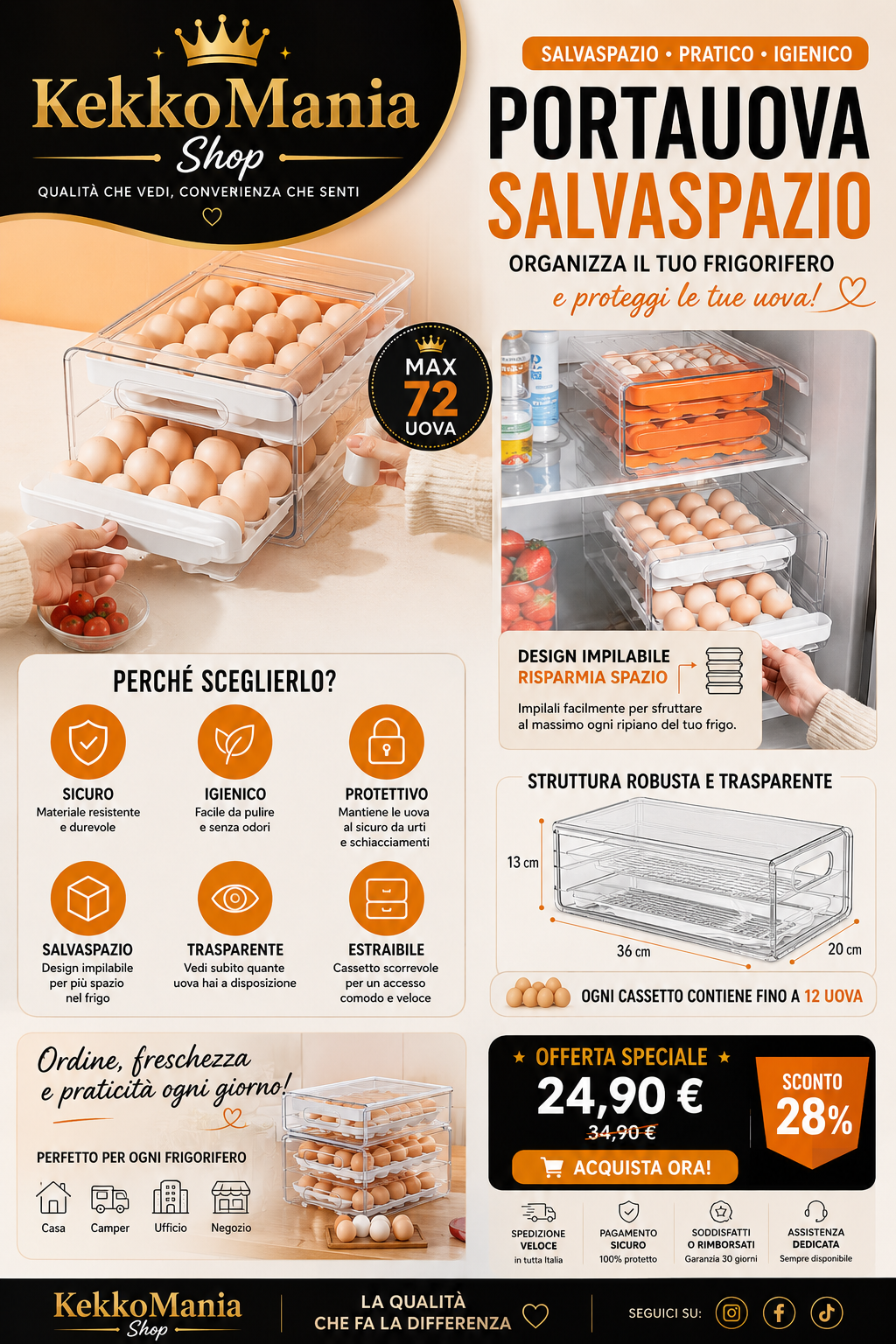 Fridge Egg Holder with Pull-Out Drawer - High Capacity Space-Saving Container