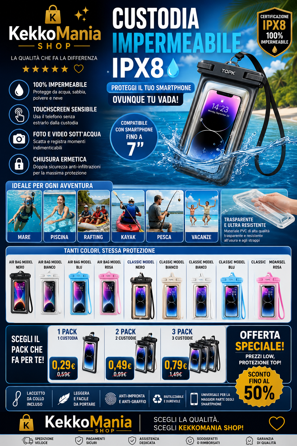 Custodia Impermeabile Universale IPX8 per Smartphone – Touchscreen Sensibile, Custodia Subacquea per Mare, Piscina e Sport Acquatici
