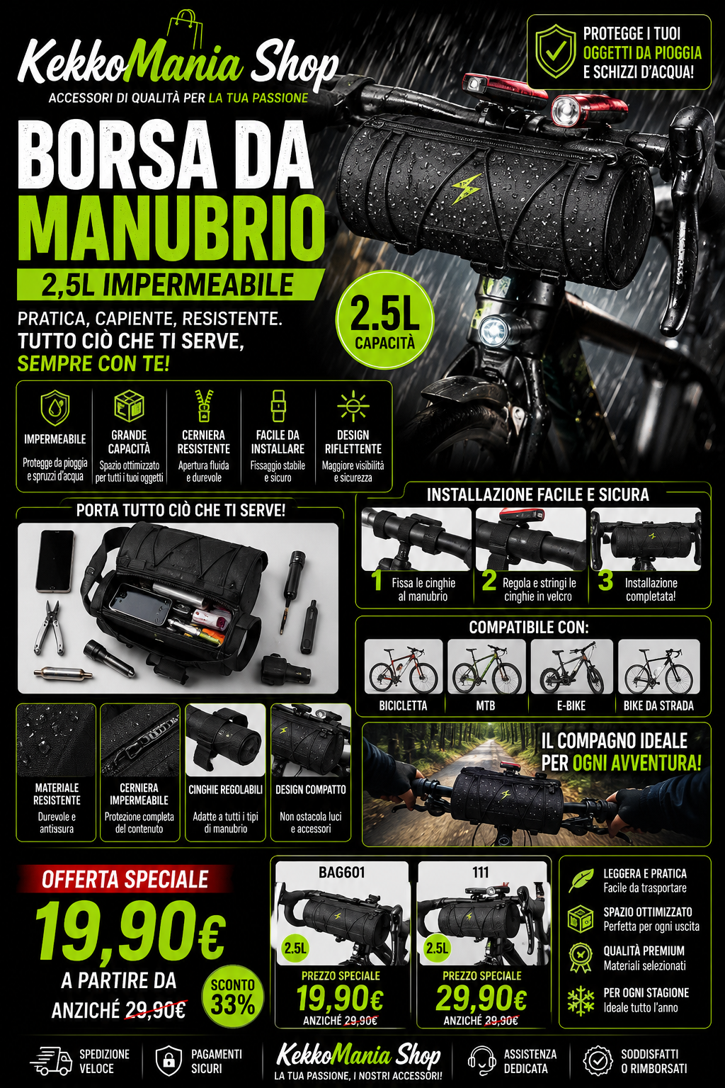KekkoMania Shop – Borsa da Manubrio per Bici 2,5L Impermeabile