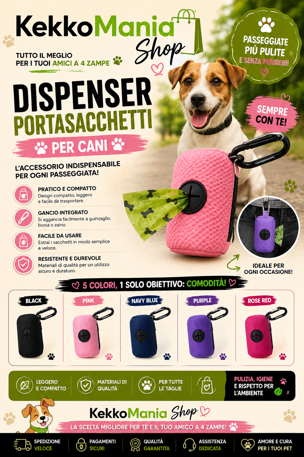 KekkoMania Shop – Distributore di sacchetti igienici per cani con gancio