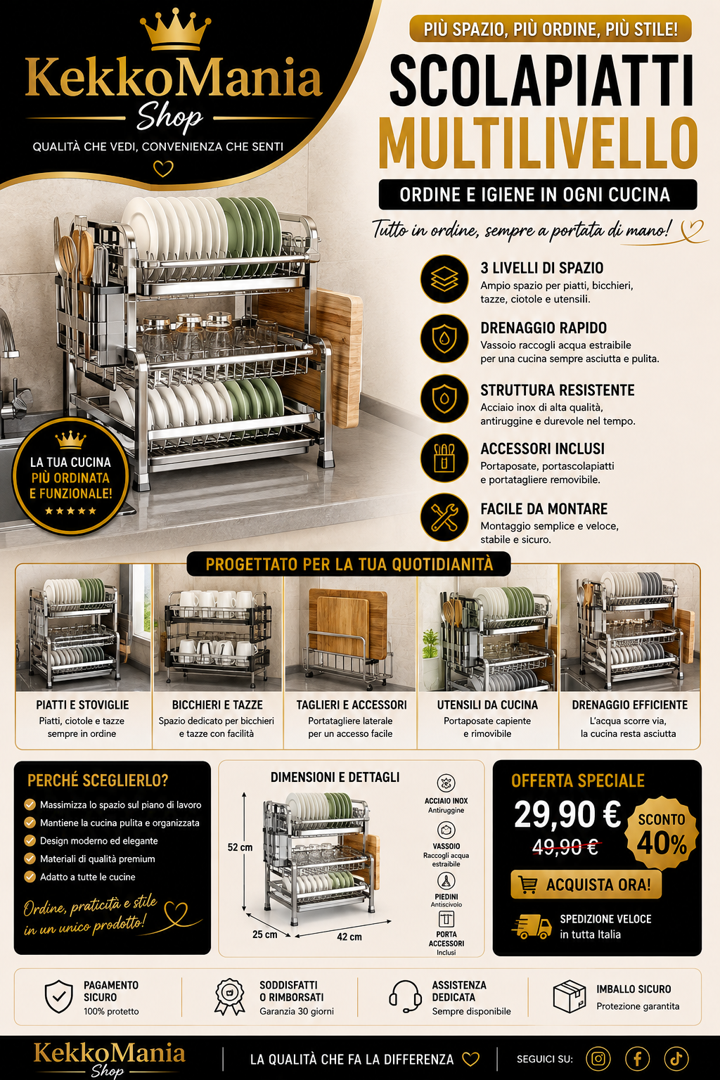 2-Tier Dish Drainer with Cutlery Holder and Drip Tray – Rustproof
