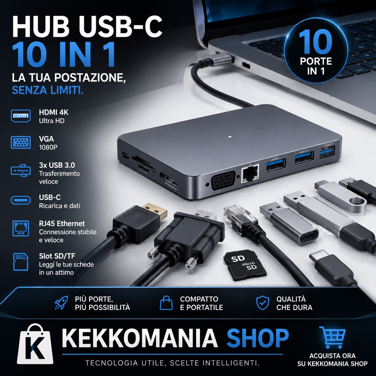 KekkoMania Shop – Hub USB-C 10 in 1 per Laptop, HDMI 4K, USB 3.0, VGA ed Ethernet