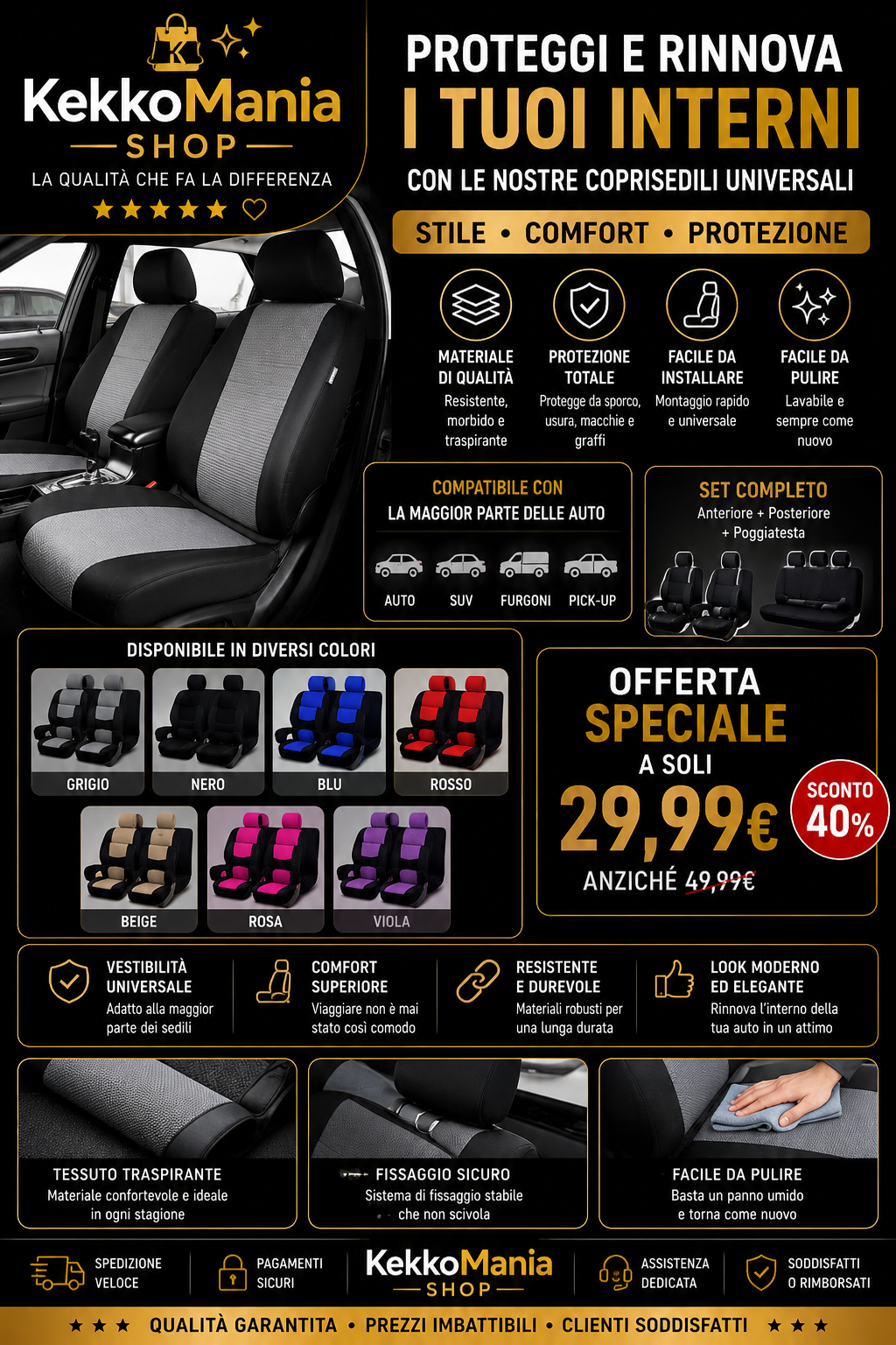 Universal Two-Tone Fabric Car Seat Covers - Full Protective Set for Cars