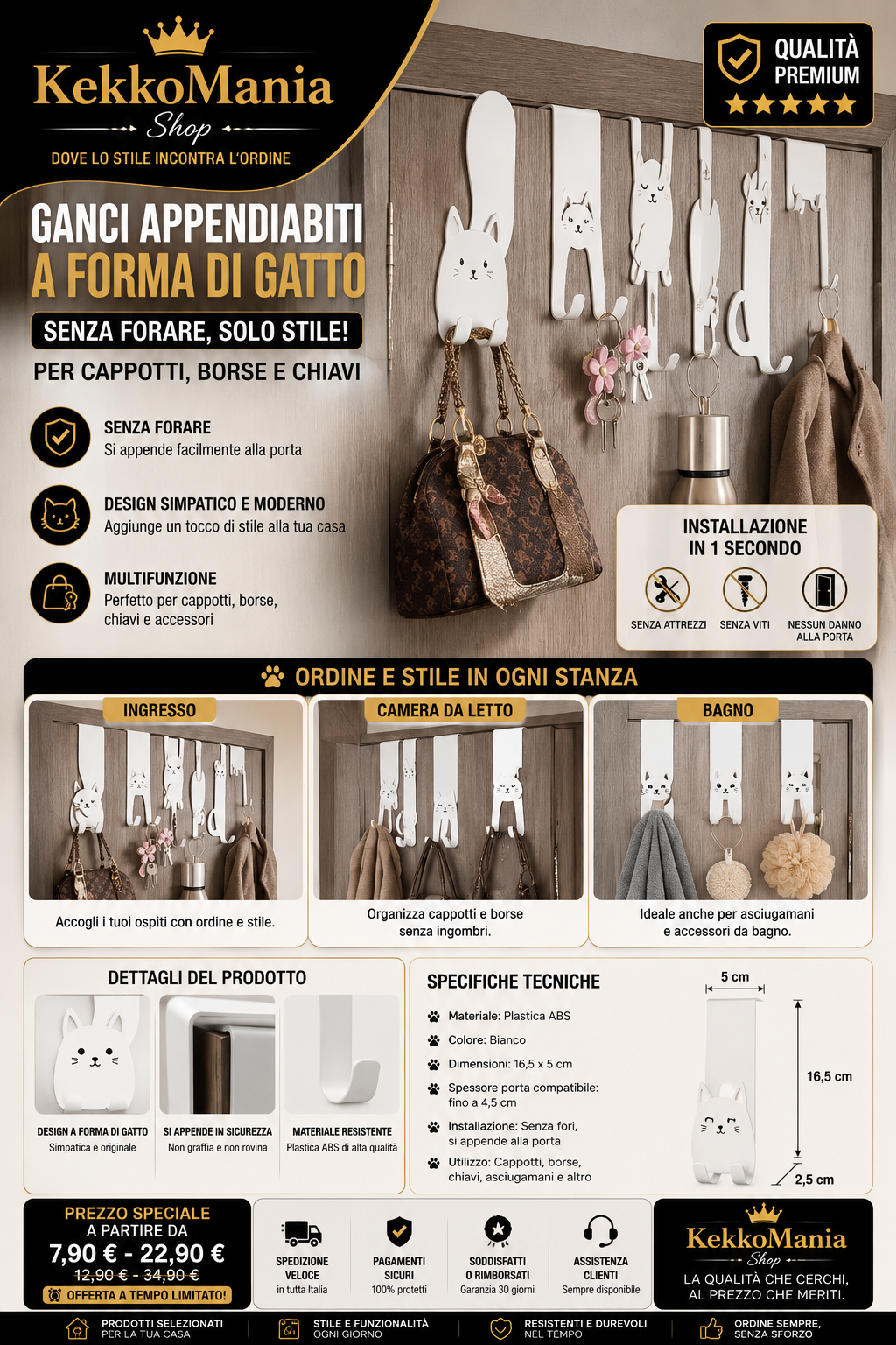Door Hooks for Coats, Bags and Keys, Cat-Shaped and No Drilling Required
