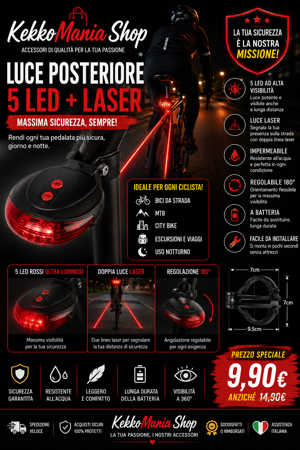 KekkoMania Shop – Luce Posteriore per Bici a 5 LED con Laser, Fanale di Sicurezza Impermeabile