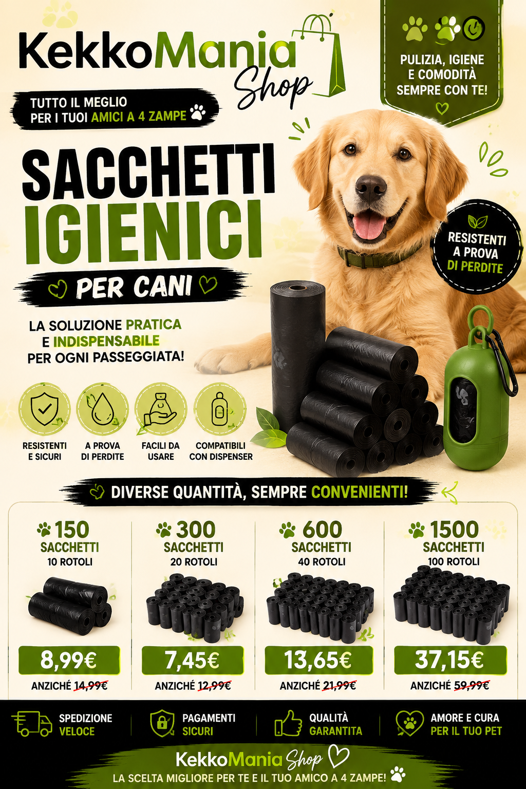 Sacchetti Igenici per Cani - 150/300/600/1500 Sacchetti | KekkoMania Shop