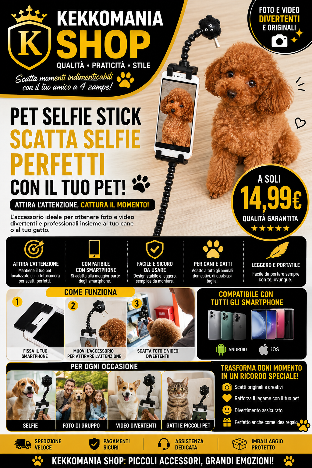 KEKKOMANIA SHOP – Pet Selfie Stick for Dogs and Cats, Smartphone Photo and Video Accessory